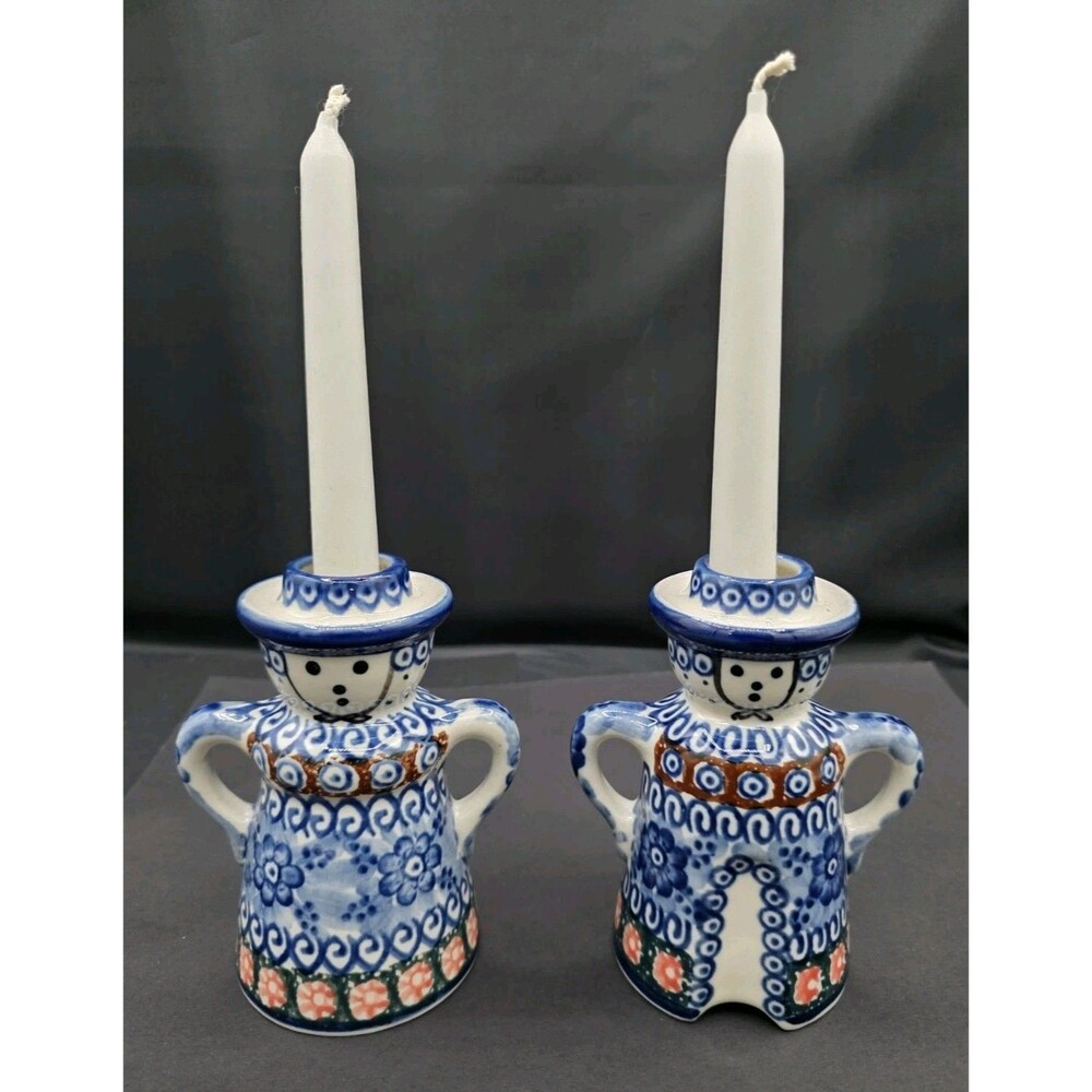 Polish Pottery Floral Man & Woman Candlesticks Unikat Pasierbiewicz Anna 57A